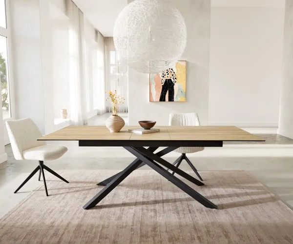DELIFE Jedálenský stôl Edge 180-220x100 keramika Laminam® sabbia dubová krížová podstava obdĺžnik čierny rozkladací