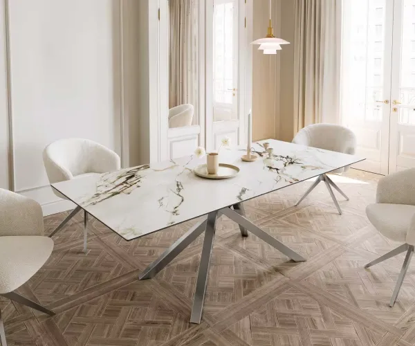 DELIFE Jedálenský stôl Edge 180-220x100 keramika Calacatta Luxe bielo-zlato-šedá krížová podstava hranatý nerezová oceľ rozkladací