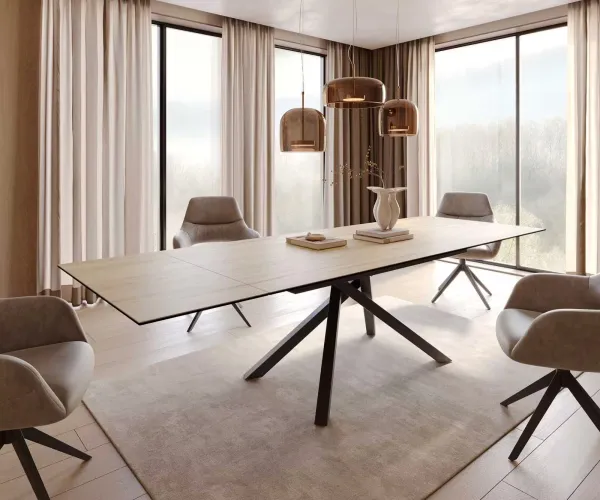 DELIFE Jedálenský stôl Edge 200-300x100 keramika Laminam® sabbia v dubovej farbe krížová podstava obdĺžnik čierny rozkladací