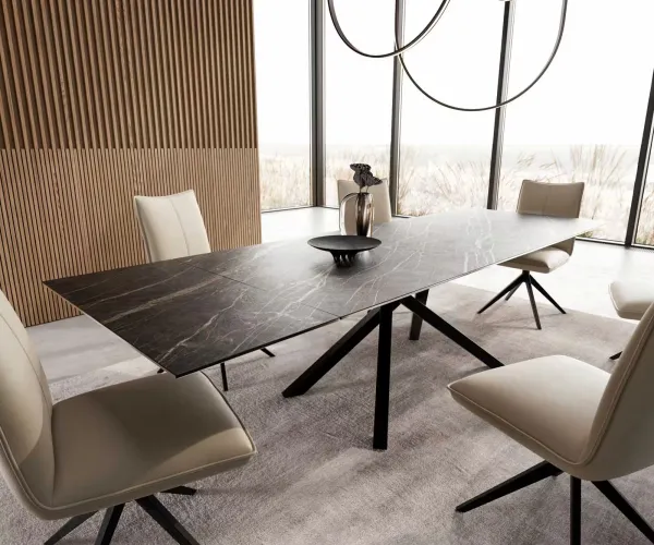 DELIFE Jedálenský stôl Edge 200-300x100 keramika Laminam®Noir Desir hnedá krížová podstava obdĺžnik čierny rozkladací