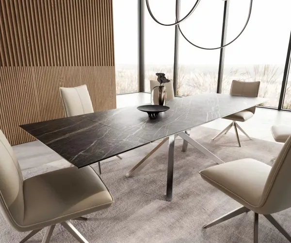 DELIFE Jedálenský stôl Edge 200-300x100 keramika Laminam®Noir Desir hnedá krížová podstava obdĺžnik nerezová oceľ rozkladací