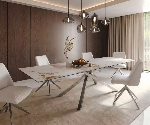 DELIFE Jedálenský stôl Edge 300x100 keramika Minas Melange bielo-béžová krížová podstava hranatý nerezová oceľ