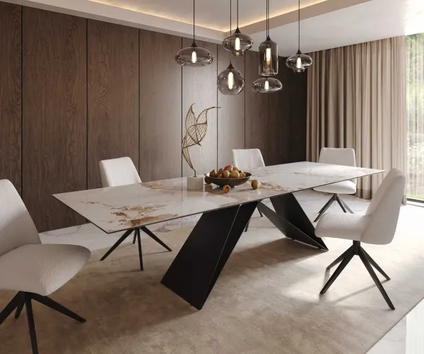 DELIFE Jedálenský stôl Edge 300x100 keramika Minas melange bielo-béžová podstava v tvare V plochá oceľ čierna