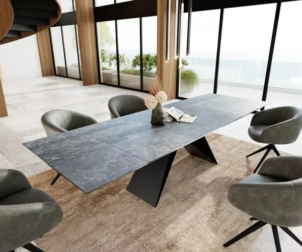 DELIFE Jedálenský stôl Edge 200-300x100 keramika Laminam®Nero Greco antracitová podstava v tvare V plochá oceľ čierna rozkladací