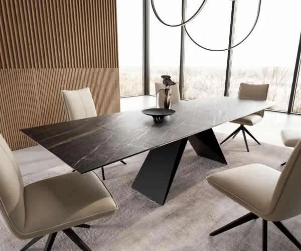 DELIFE Jedálenský stôl Edge 200-300x100 keramika Laminam®Noir Desir hnedý podstava v tvare V plochá oceľ čierna rozkladací