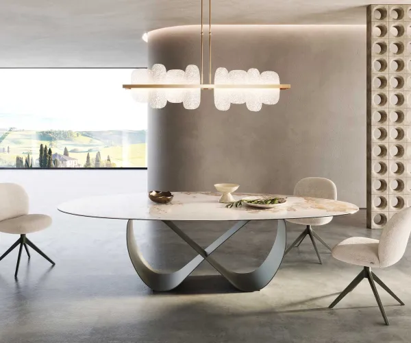 DELIFE Jedálenský stôl Edge oválny 280x130 keramika Minas Melange bielo-béžová Infinity kov efektová úprava titánová