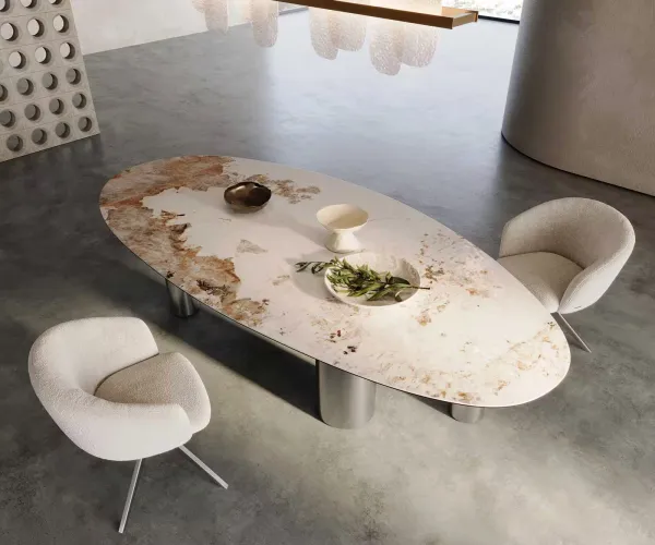 DELIFE Jedálenský stôl Edge oválny 280x130 keramika Minas Melange bielo-béžová Pilier nerezová oceľ