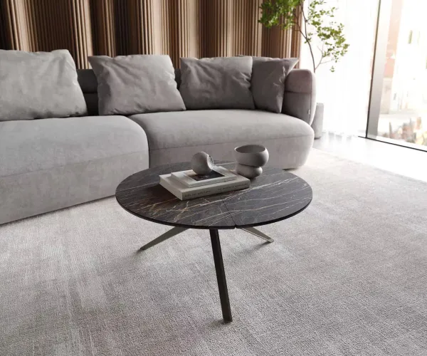DELIFE Konferenčný stolík Delron 70x70 cm keramika Laminam®Noir Desir hnedá kovová krížová podstava plochý kov titanový efekt