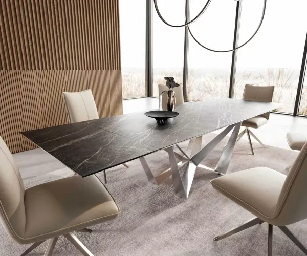 DELIFE Jedálenský stôl Edge 200-300x100 keramika Laminam®Noir Desir hnedá pavúk plochá oceľ nerezová oceľ rozkladací