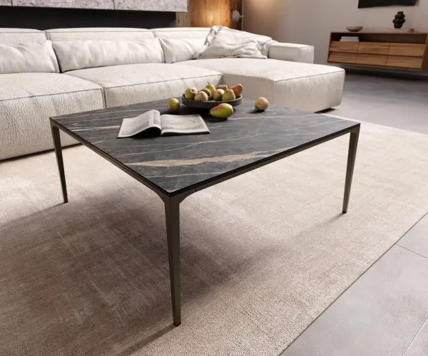DELIFE Konferenčný stolík Levente 85x85 cm keramika Laminam® Noir Desir hnedá podstava kov titánová farba