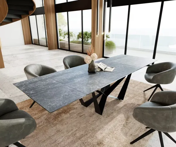 DELIFE Jedálenský stôl Edge 200-300x100 keramika Laminam®Nero Greco antracitová pavúk plochá oceľ čierna rozkladací