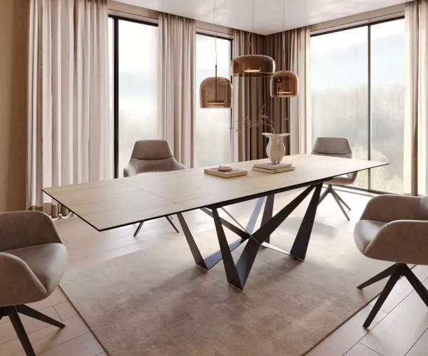 DELIFE Jedálenský stôl Edge 200-300x100 keramika Laminam® sabbia dubová farba spider plochá oceľ čierna rozkladací