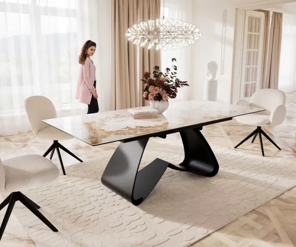 DELIFE Jedálenský stôl Edge 180-220x100 keramika Minas melange bielo-béžová podstava v tvare W čierna rozkladací