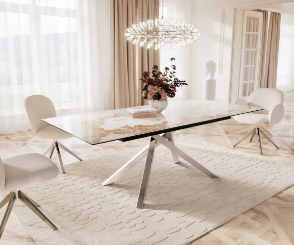 DELIFE Jedálenský stôl Edge 180-220x100 keramika Minas melange bielo-béžová krížová podstava obdĺžnik nerezová oceľ rozkladací