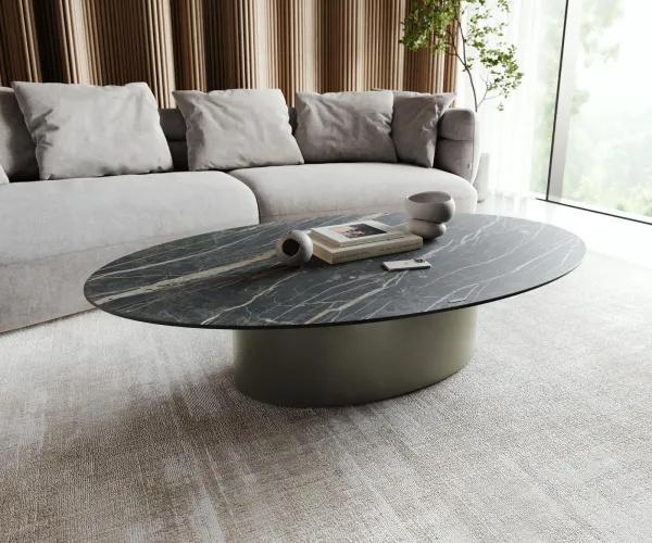 DELIFE Konferenčný stolík Casilda 150x90 cm keramika Laminam®Noir Desir hnedá stredová podstava efektová povrchová úprava titánová