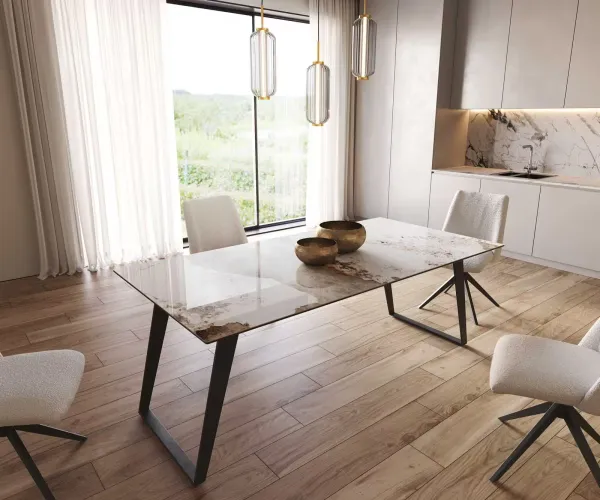 DELIFE Jedálenský stôl Edge 200x100 keramika Minas melange bielo-béžová kovová skosená čierna