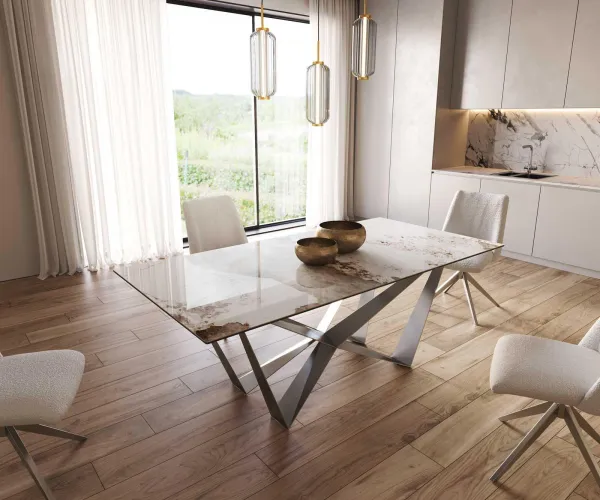 DELIFE Jedálenský stôl Edge 200x100 keramika Minas Melange bielo-béžová Spider plochá oceľ nerezová oceľ