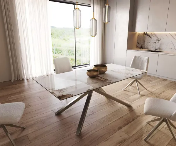 DELIFE Jedálenský stôl Edge 200x100 keramika Minas melange bielo-béžová krížová podstava obdĺžnik nerezová oceľ