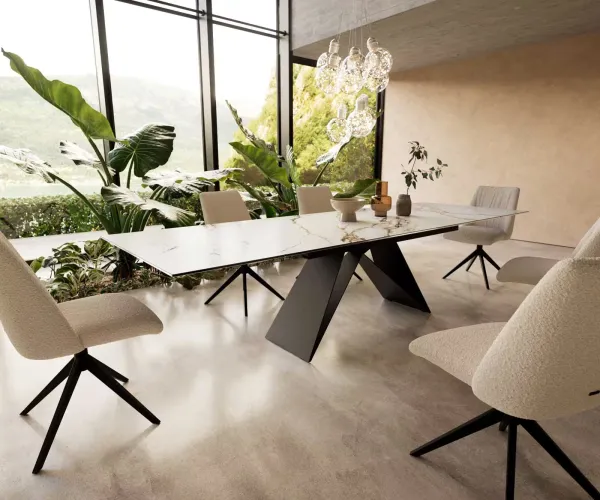 DELIFE Jedálenský stôl Edge 200-300x100 keramika Calacatta Luxe bielo-zlato-šedá podstava v tvare V plochá oceľ čierna rozkladací