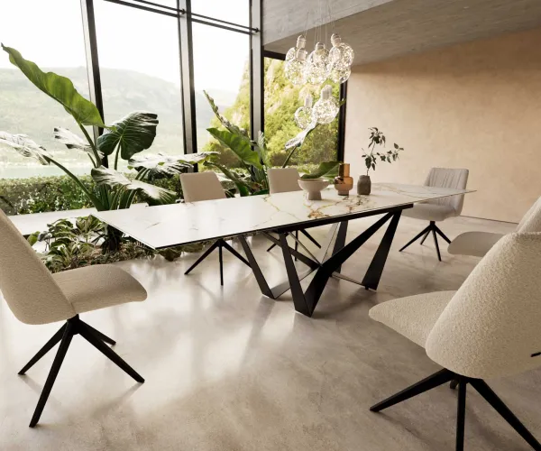 DELIFE Jedálenský stôl Edge 200-300x100 keramika Calacatta Luxe bielo-zlato-šedá Spider plochá oceľ čierna rozkladací
