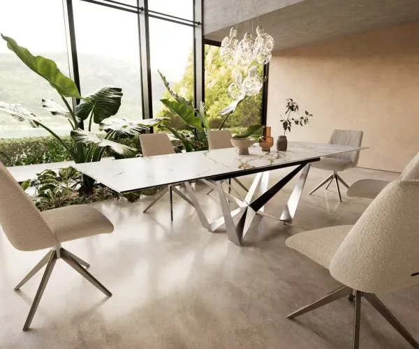 DELIFE Jedálenský stôl Edge 200-300x100 keramika Calacatta Luxe bielo-zlato-šedá Spider plochá oceľ nerezová oceľ rozkladací