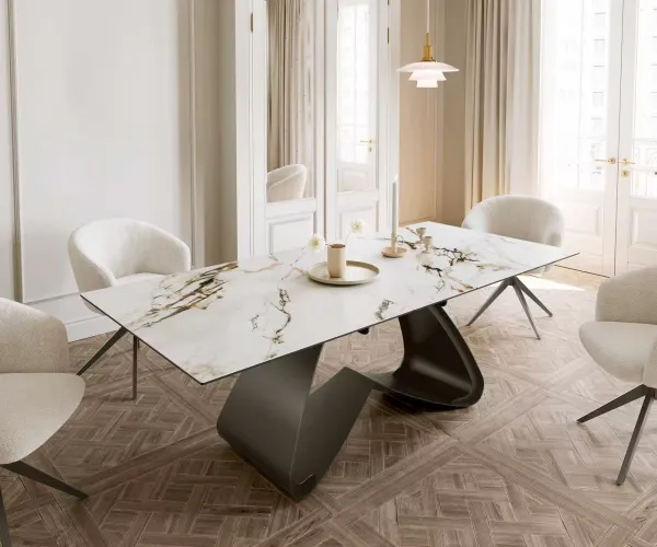 DELIFE Jedálenský stôl Edge 180-220x100 keramika Calacatta Luxe bielo-zlato-šedá podstava v tvare W titánová farba rozkladací