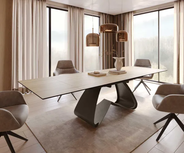 DELIFE Jedálenský stôl Edge 200-300x100 keramika Laminam® sabbia v dubovej farbe podstava v tvare W titanový efekt rozkladací