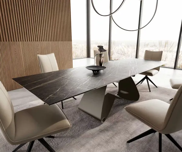 DELIFE Jedálenský stôl Edge 200-300x100 keramika Laminam®Noir Desir hnedý podstava v tvare W titanový efekt rozkladací