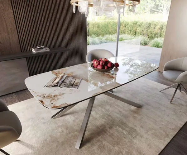 DELIFE Jedálenský stôl Edge oválny 200x100 keramika Minas Melange bielo-béžová krížová podstava obdĺžnik nerezová oceľ