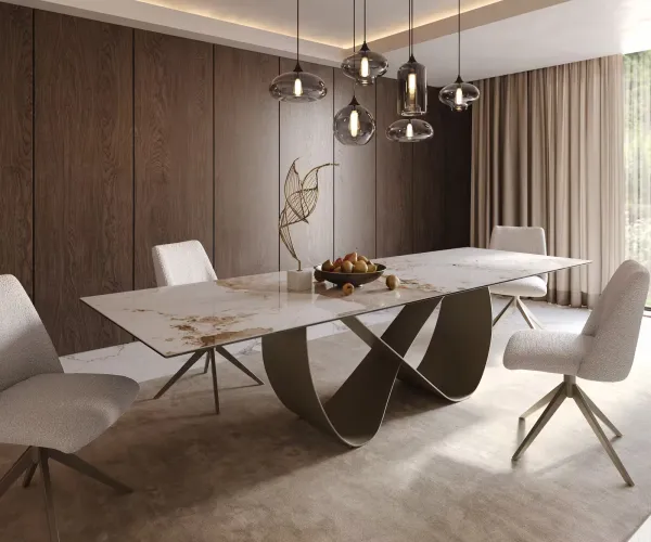 DELIFE Jedálenský stôl Edge 300x100 cm keramika Minas Melange bielo-béžová Infinity kov efektový povrch titán