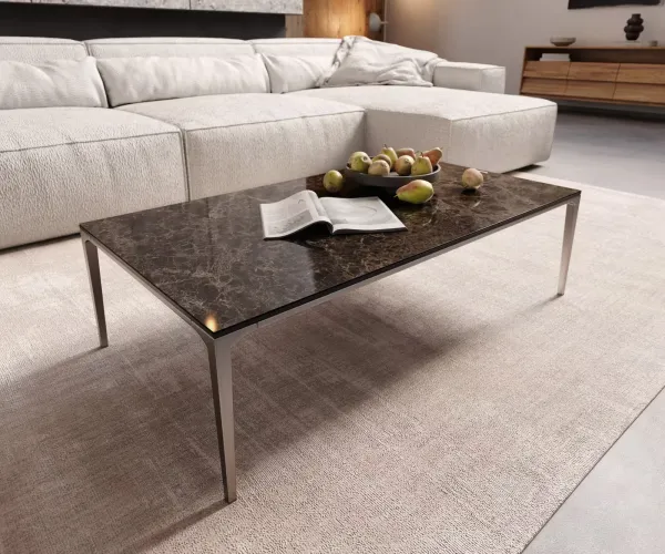 DELIFE Konferenčný stolík Levente 110x60 cm keramika Laminam® Emperador Extra Lucidato tmavohnedá podstava nerezová oceľ strieborná