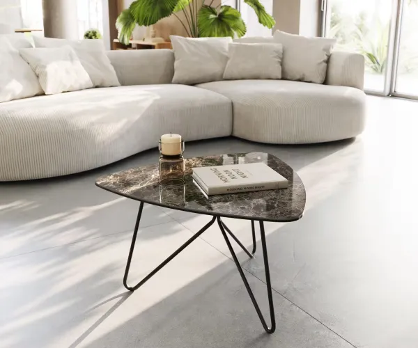 DELIFE Konferenčný stolík Ekrem 65x65 cm keramika Laminam®Emperador Extra Lucidato tmavohnedá Hairpin kov čierna