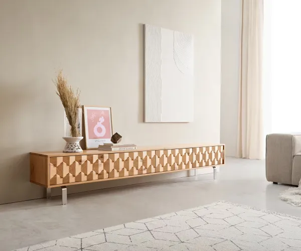 DELIFE TV stolík Fevo 220 cm dub prírodný 4 dvierka podstava v tvare L nerezová oceľ