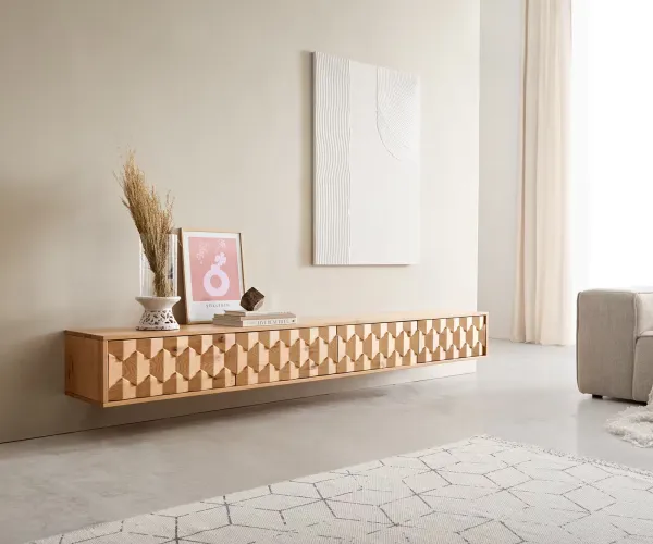 DELIFE TV stolík Fevo 220 cm dub prírodný 4 dvierka závesný