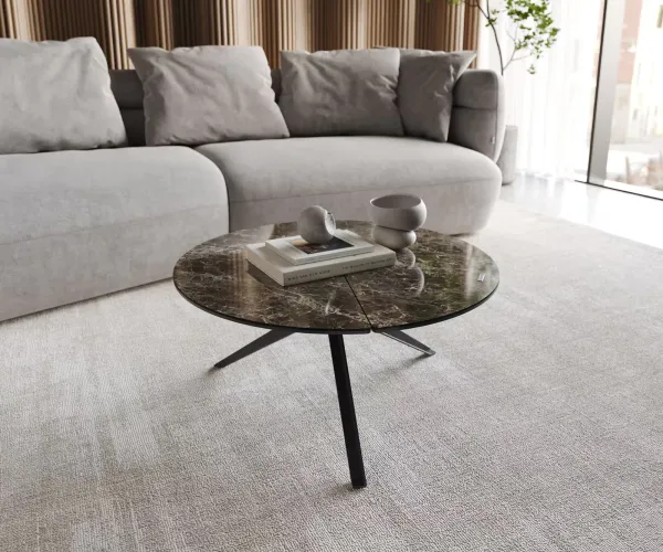 DELIFE Konferenčný stolík Delron 70x70 cm keramika Laminam® Emperador Extra Lucidato tmavohnedá kovová podstava krížová plochá čierna