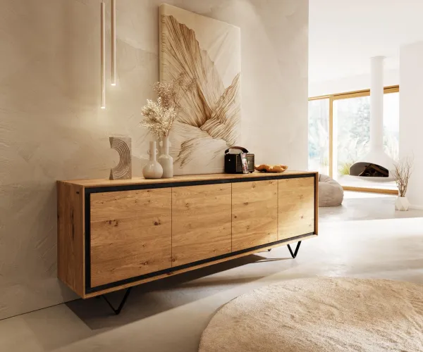 DELIFE Komoda Stonegrace 200 cm dub prírodná 4 dvierka kamenná dyha podstava v tvare V kov čierna