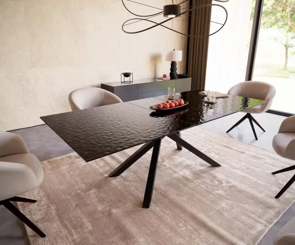 DELIFE Jedálenský stôl Edge 180-220x100 reliéfne sklo dymovo čierna 3D dizajn krížová podstava obdĺžnik čierny rozkladací