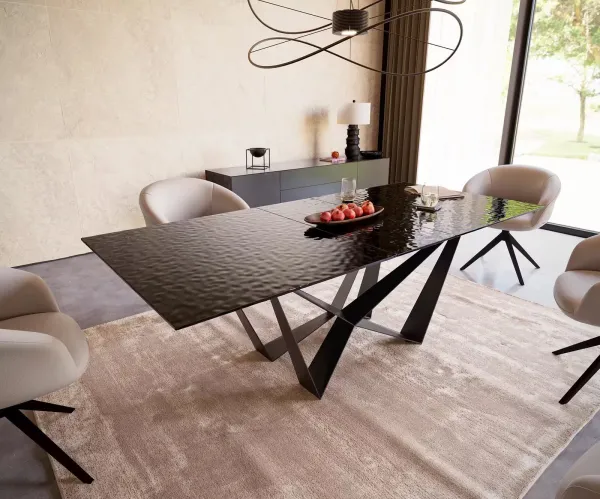 DELIFE Jedálenský stôl Edge 180-220x100 reliéfne sklo dymovo čierna 3D dizajn Spider plochá oceľ čierna rozkladací
