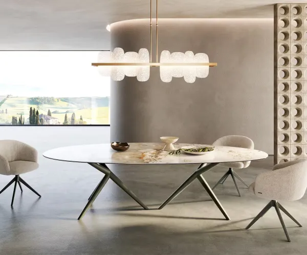 DELIFE Jedálenský stôl Edge oválny 280x130 keramika Minas Melange bielo-béžová Estelar okrúhly kov titánový efektový povrch