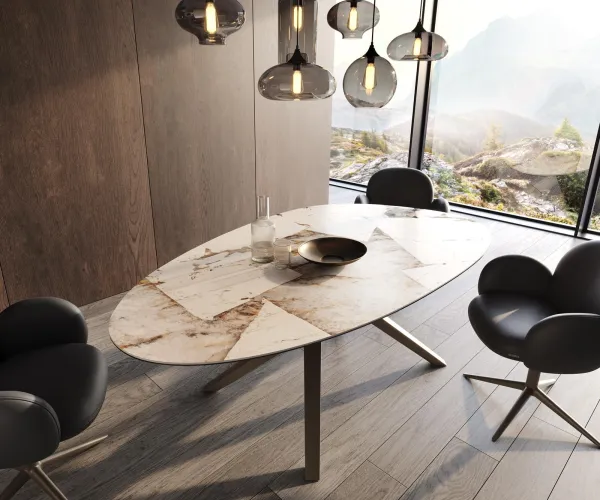 DELIFE Jedálenský stôl Edge oválny 220x120 keramika Iris FMG Patagonia Lappato Zenthara hranatý kov efektová úprava titánová