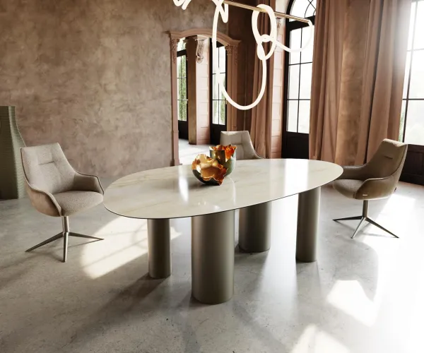 DELIFE Jedálenský stôl Edge oválny 220x120 keramika Iris FMG Onice Oro Pilier kov efektová povrchová úprava titánová