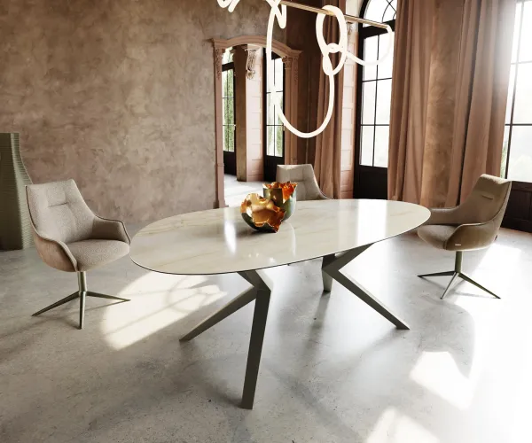 DELIFE Jedálenský stôl Edge oválny 220x120 keramika Iris FMG Onice Oro Zenthara hranatý kov efektová povrchová úprava titánová