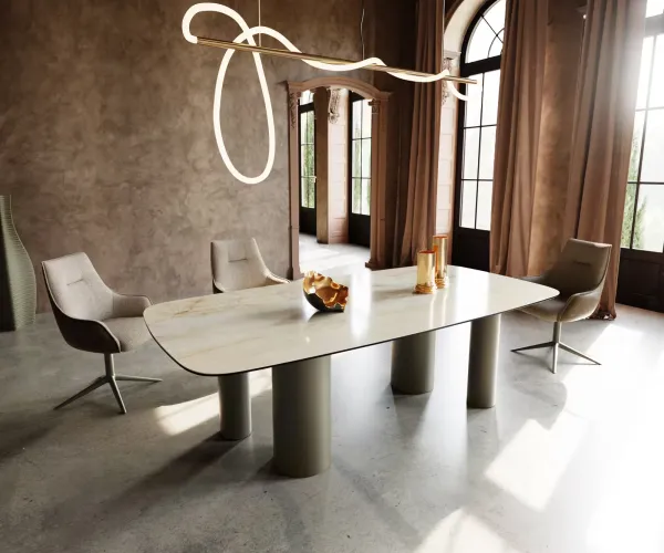 DELIFE Jedálenský stôl Edge zaoblený tvar 240x120 keramika Iris FMG Onice Oro Pilier kov efektová povrchová úprava titánová