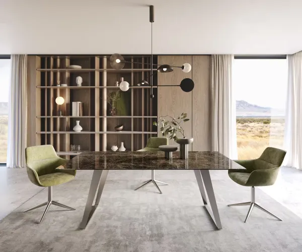 DELIFE Jedálenský stôl Edge 200x100 keramika Laminam® Emperador Extra Lucidato tmavohnedá nerezová oceľ skosený