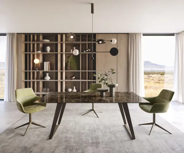 DELIFE Jedálenský stôl Edge 200x100 keramika Laminam® Emperador Extra Lucidato tmavohnedá kov efektové prevedenie titánová skosený