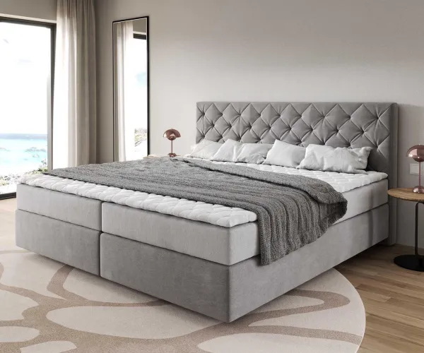 DELIFE Boxspring posteľ Dream-Great mikrovlákno sivá 200x200 cm s vreckovou pružinovou matracou a topperom Visco