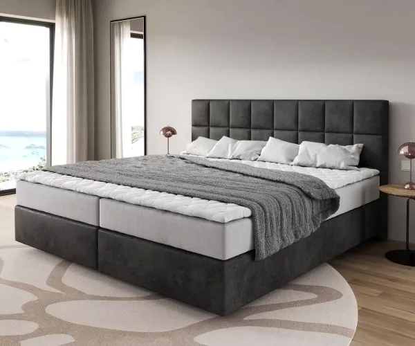 DELIFE Boxspring posteľ Dream-Fine mikrovlákno antracitová vintage 200×200 cm s vreckovou pružinovou matracou a topperom Visco