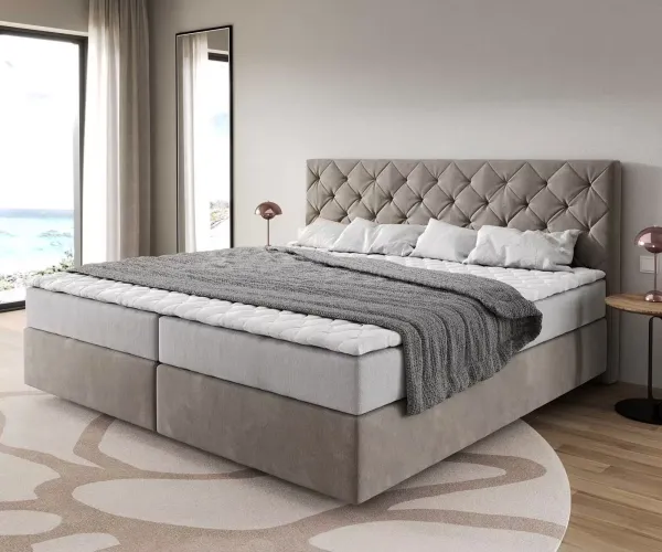 DELIFE Boxspring posteľ Dream-Great mikrovlákno béžová 200x200 cm s vreckovou pružinovou matracou a topperom Visco