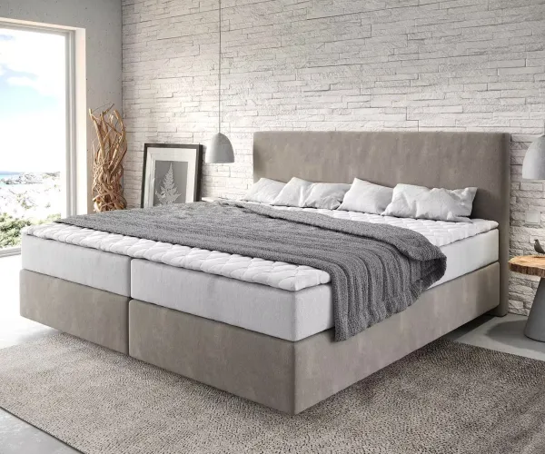 DELIFE Boxspring posteľ Dream-Well mikrovlákno béžová 200x200 cm s vreckovou pružinovou matracou a topperom Visco