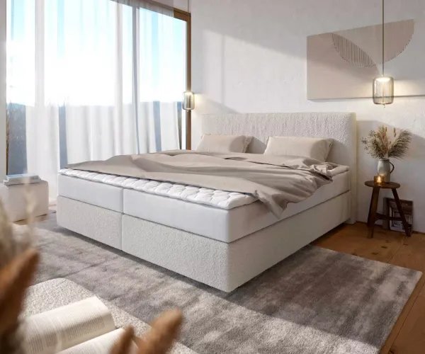 DELIFE Boxspring posteľ Dream-Well bouclé krémovo biela 200×200 cm s vreckovou pružinovou matracou a topperom Visco
